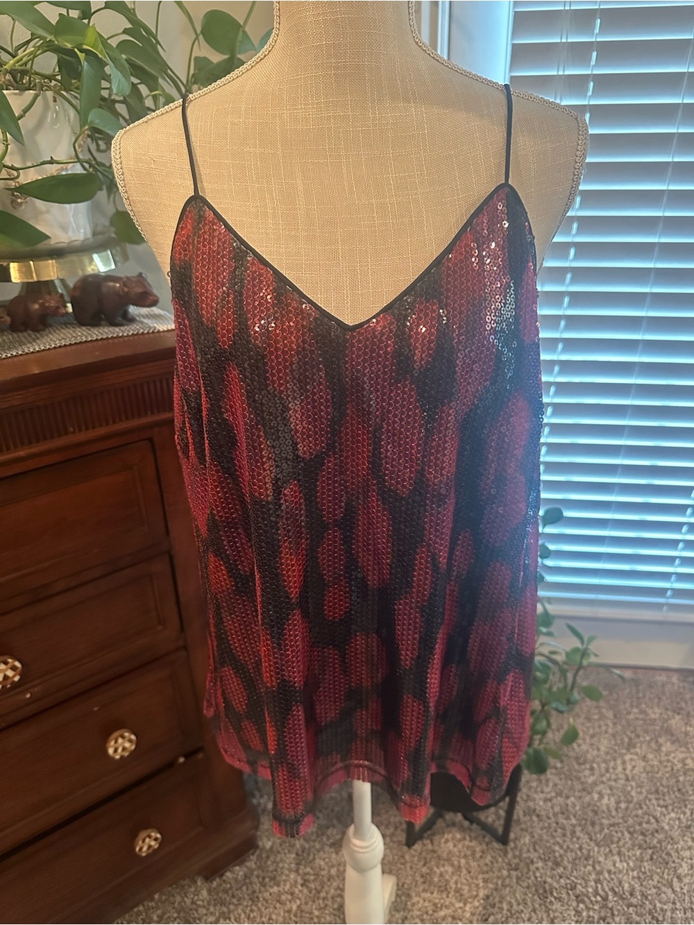 Red Sequin Spotted V-Neck Cami with Black Trim